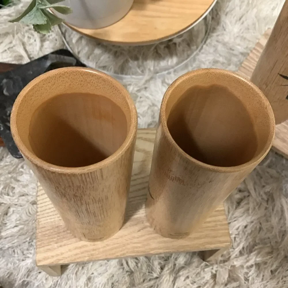 Angel Bamboo Cup Set Of 4 Tall 2‎ Short Handpainted Bamboo Drinking Cups Vintage